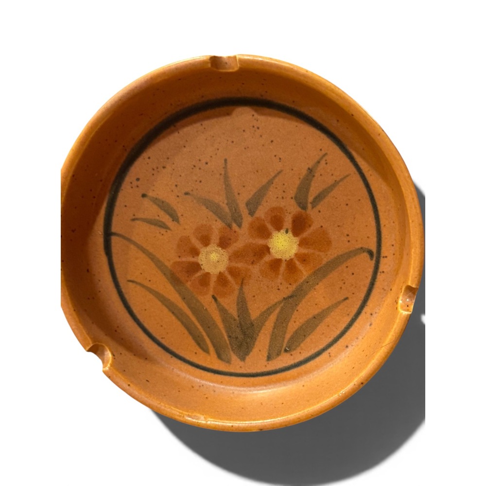 Vintage 1970s Ashtray Hand Painted Floral Stoneware Boho Trinket Dish Decor